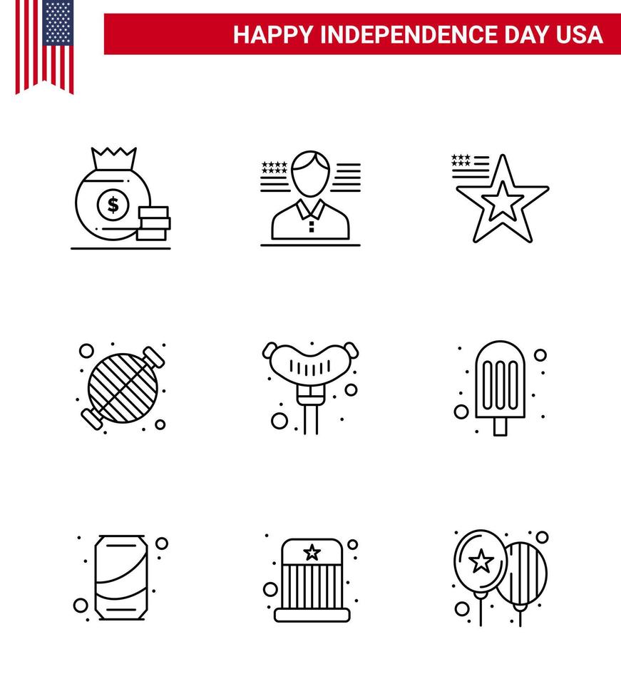 9 Verenigde Staten van Amerika lijn pak van onafhankelijkheid dag tekens en symbolen van Frankfurter partij Amerikaans rooster barbecue bewerkbare Verenigde Staten van Amerika dag vector ontwerp elementen