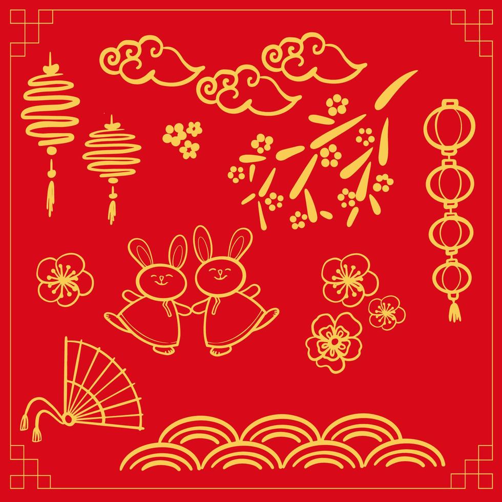 Chinese nieuw jaar 2023, de jaar van de konijn, rood en goud lijn kunst karakters, gemakkelijk hand getekend Aziatisch elementen . vector