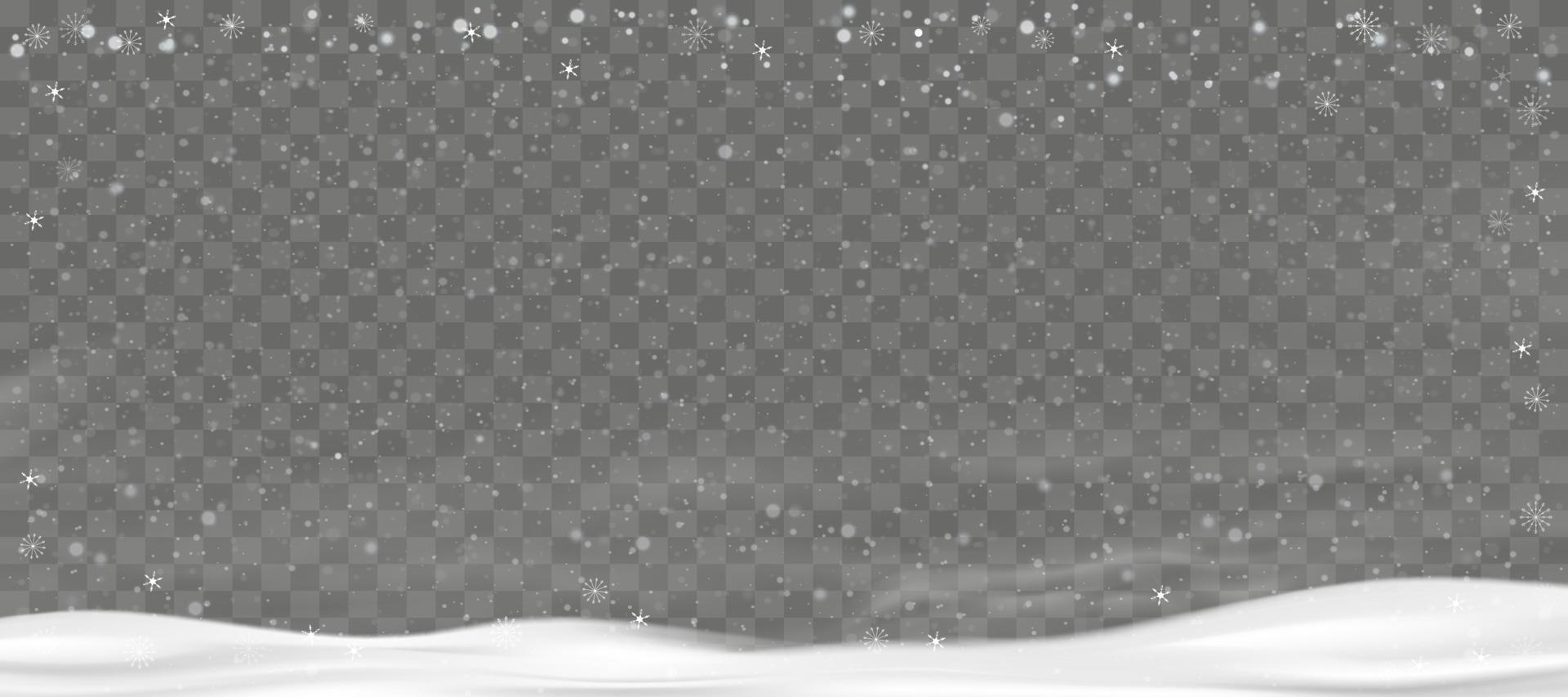 winter achtergrond met sneeuw vallend Aan transparant achtergrond, vector Kerstmis banier met sneeuwvlokken in verschillend vormen Aan sneeuwbanken.vakantie backdrop voor vrolijk Kerstmis en gelukkig nieuw jaar 2023