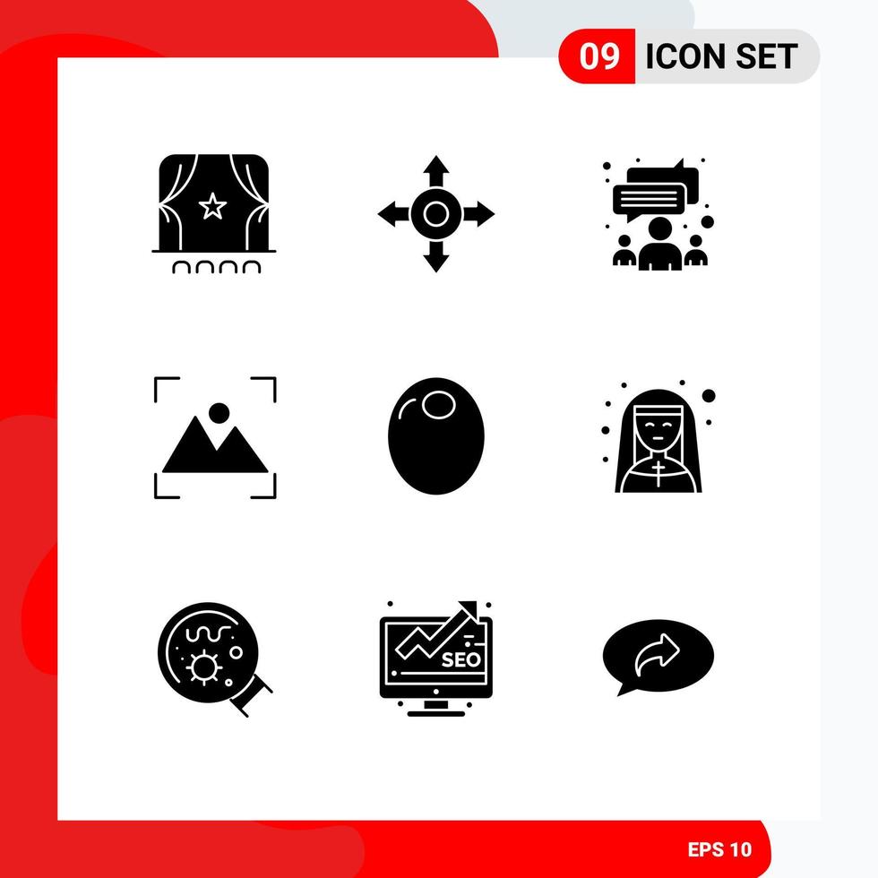 pictogram reeks van 9 gemakkelijk solide glyphs van kerk olijf- team voedsel fotografie bewerkbare vector ontwerp elementen