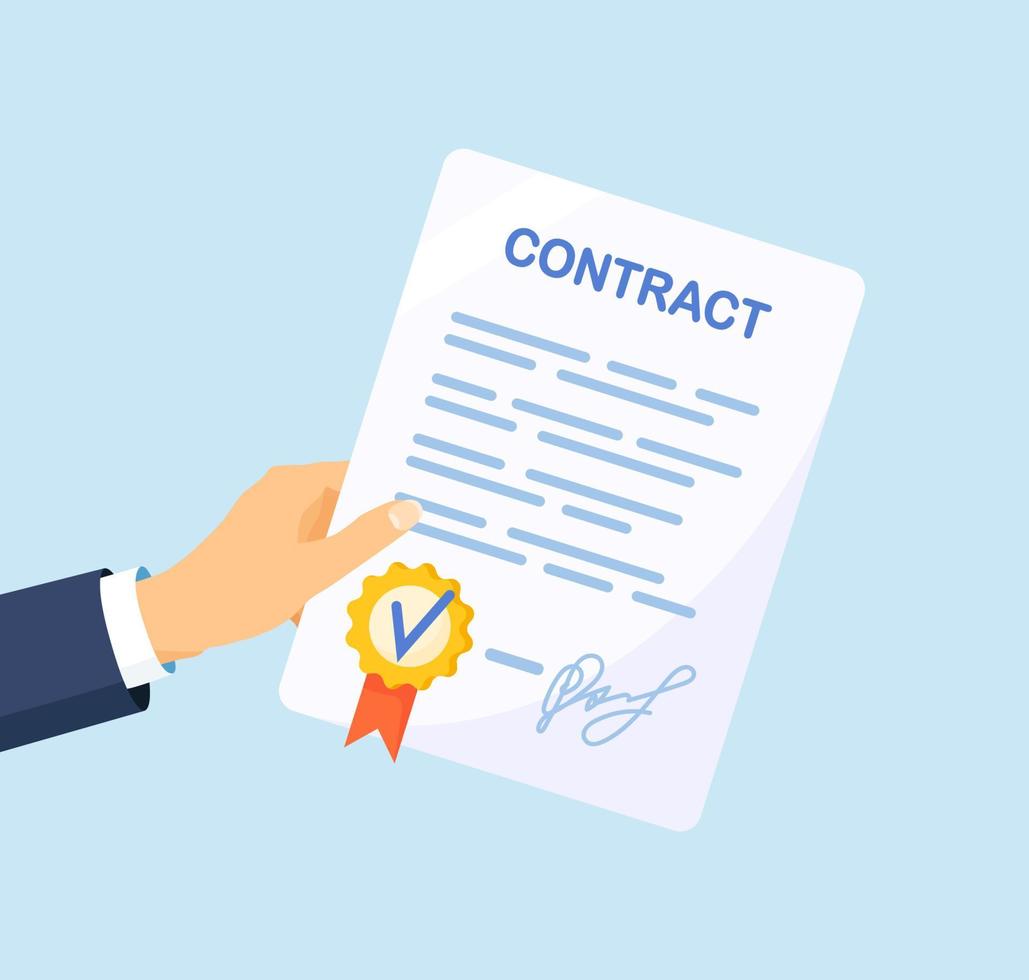 zakenman handen houdt en ondertekening bedrijf contract papier. overeenkomst ondertekening vector