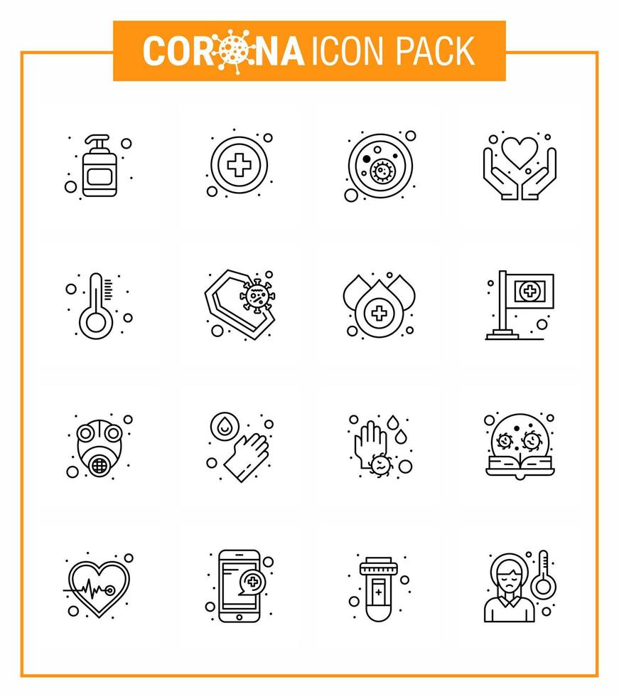 16 lijn coronavirus covid19 icoon pak zo net zo thermometer geneeskunde covid gezondheidszorg hart virale coronavirus 2019november ziekte vector ontwerp elementen