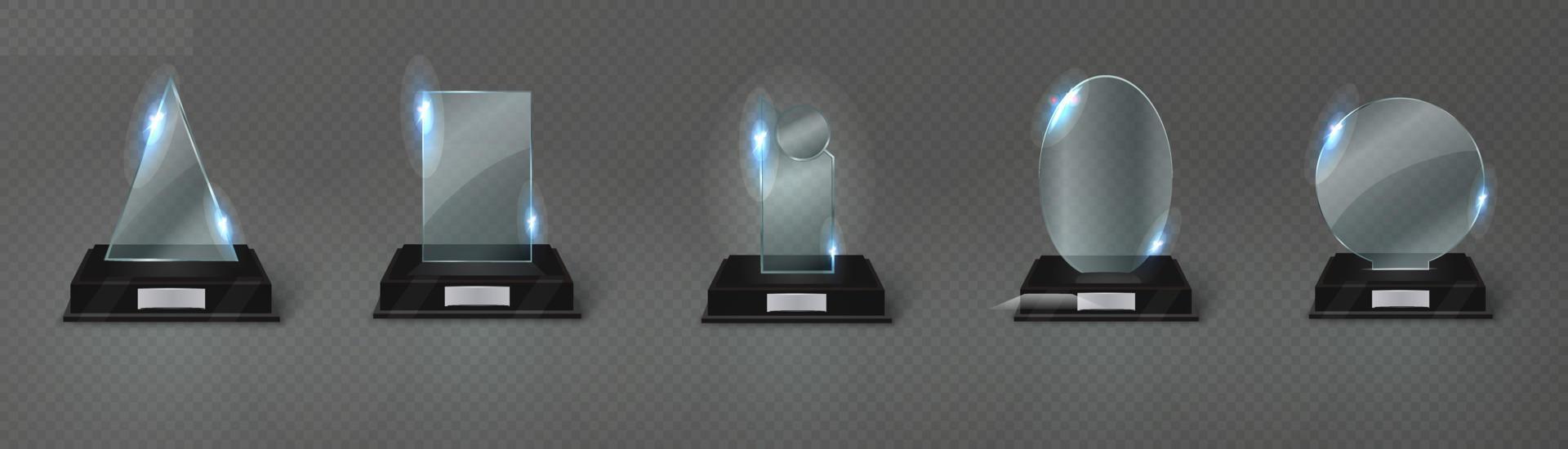 leeg glas trofee achtergrond. glanzend trofee voor prijs. realistisch leeg illustratie. zwart stand 3d. vector kristal trofee voor winnaar en prestaties. kop voor de kampioen.