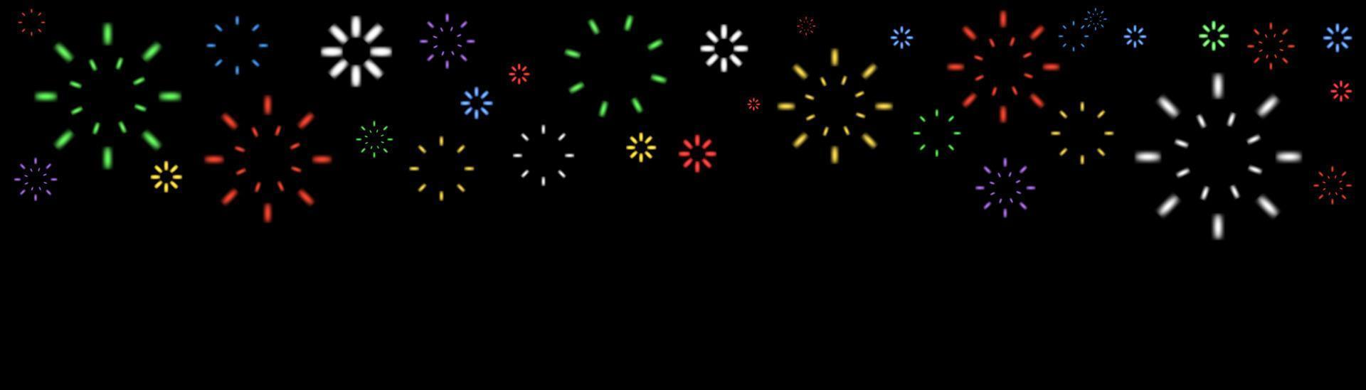 helder kleurrijk vuurwerk Bij schemering. sprankelend vuurwerk feestelijk, vakantie carnaval voetzoeker explosie knal en abstract barsten in nacht lucht voor felicitatie kaart ontwerp. vector