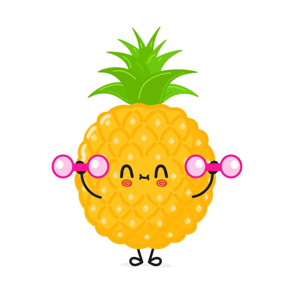 schattig grappig ananas karakter met halters. vector hand- getrokken tekenfilm kawaii karakter illustratie icoon. geïsoleerd Aan wit achtergrond. ananas karakter Sportschool concept