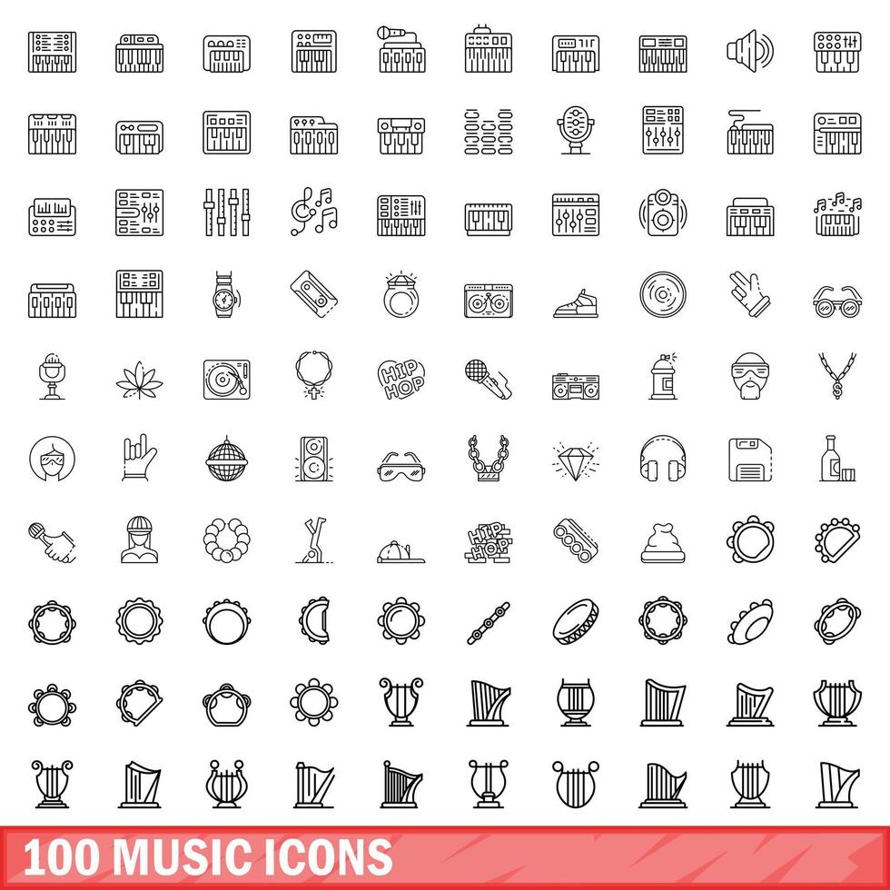 100 muziek iconen set, Kaderstijl vector