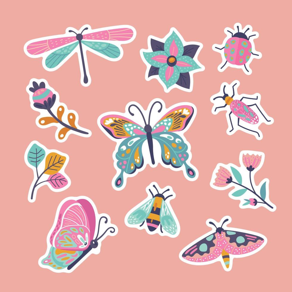 voorjaar levendig bloemen insecten sticker verzameling vector