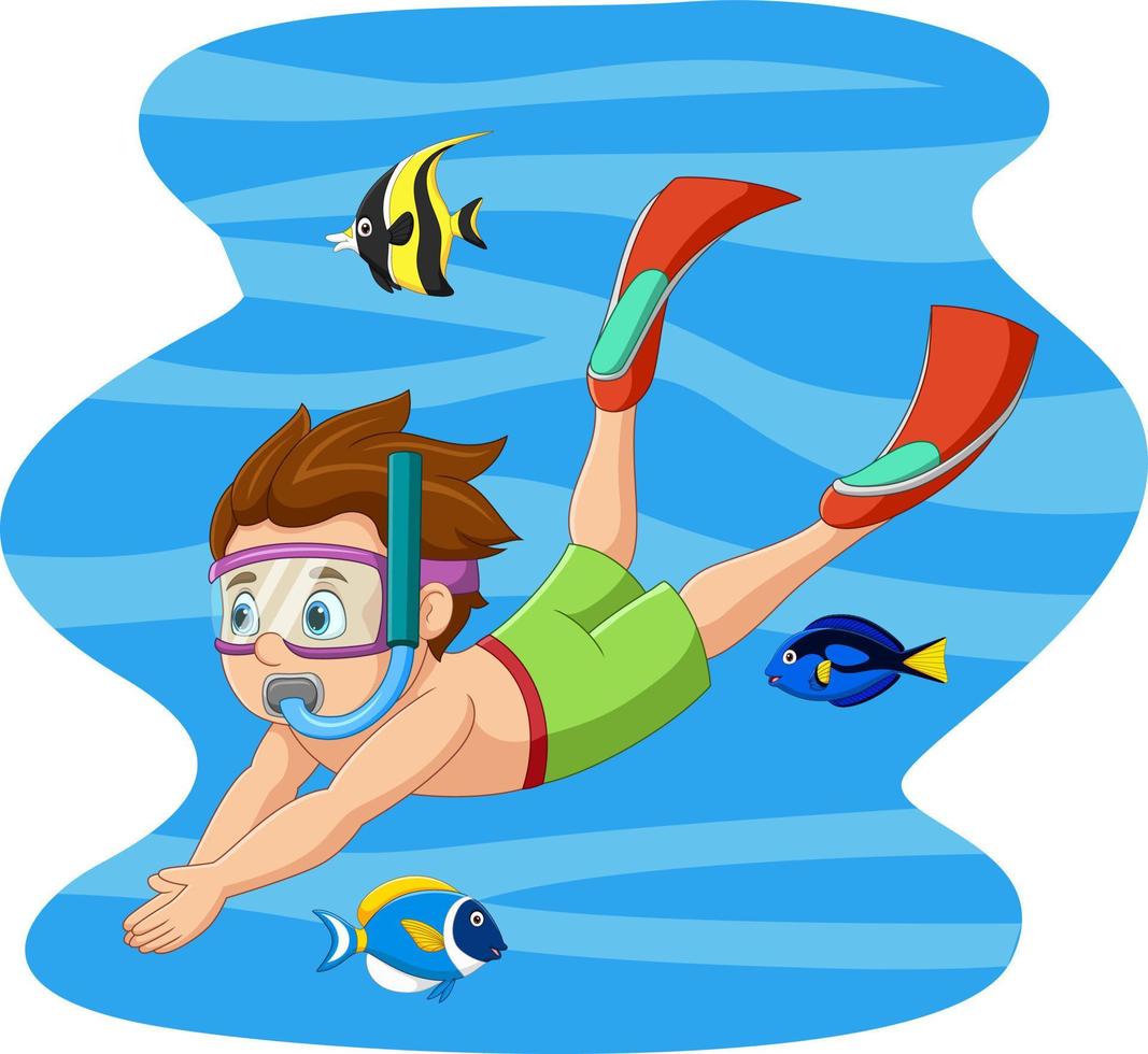 tekenfilm weinig jongen zwemmen en duiken in onderwater- met tropisch vis vector