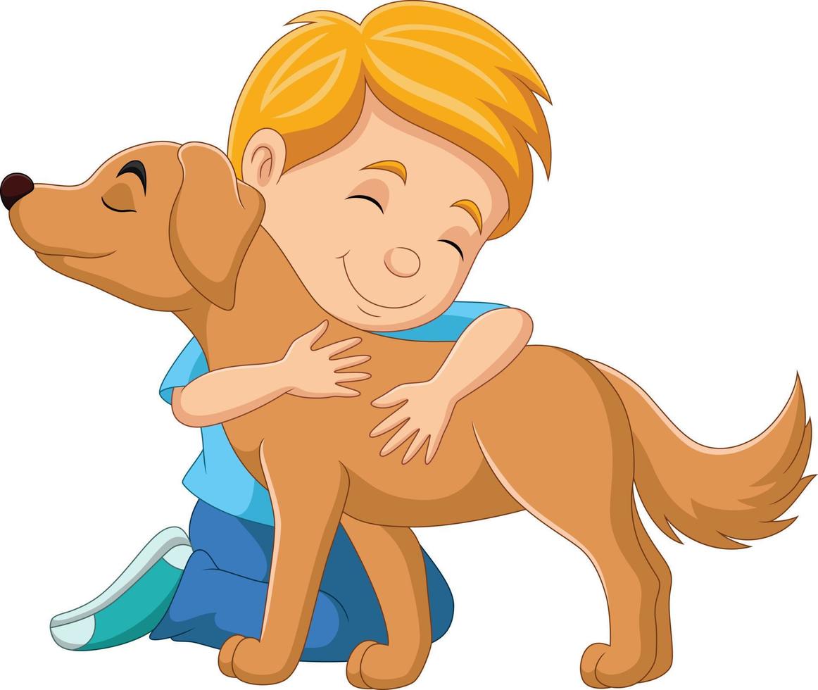 tekenfilm jongen knuffelen zijn hond vector