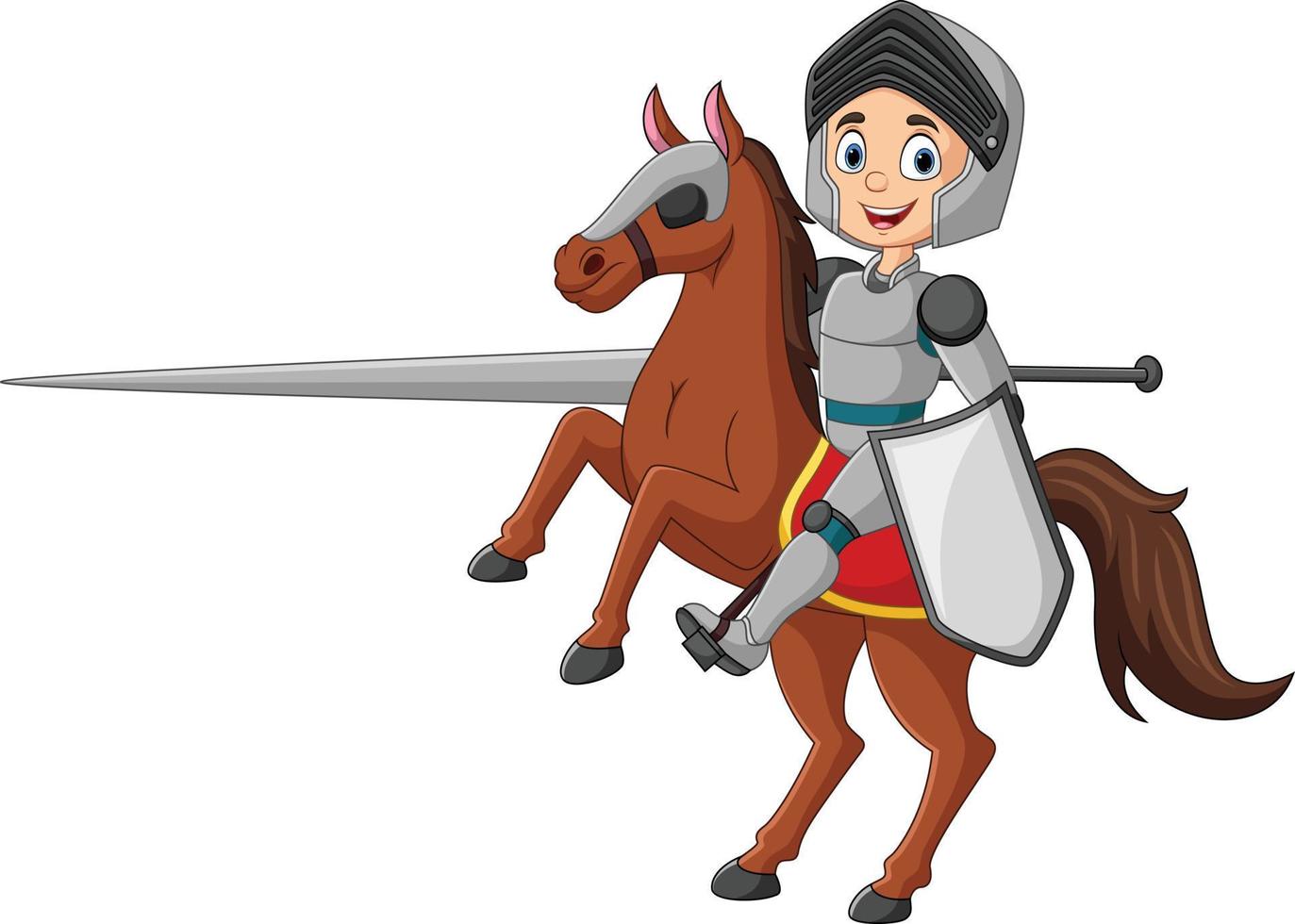tekenfilm ridder rijden een paard met lans en schild vector