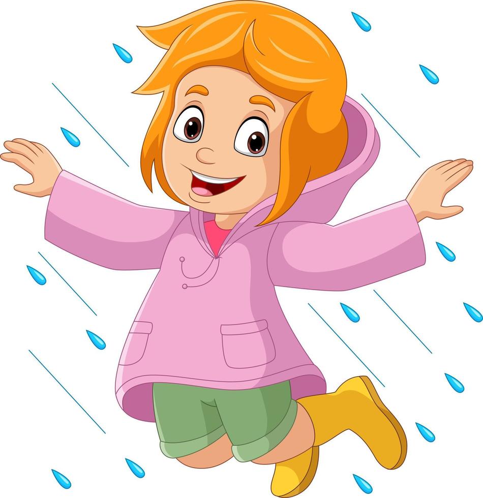 tekenfilm weinig meisje jumping vervelend regenjas en laarzen in de regen vector
