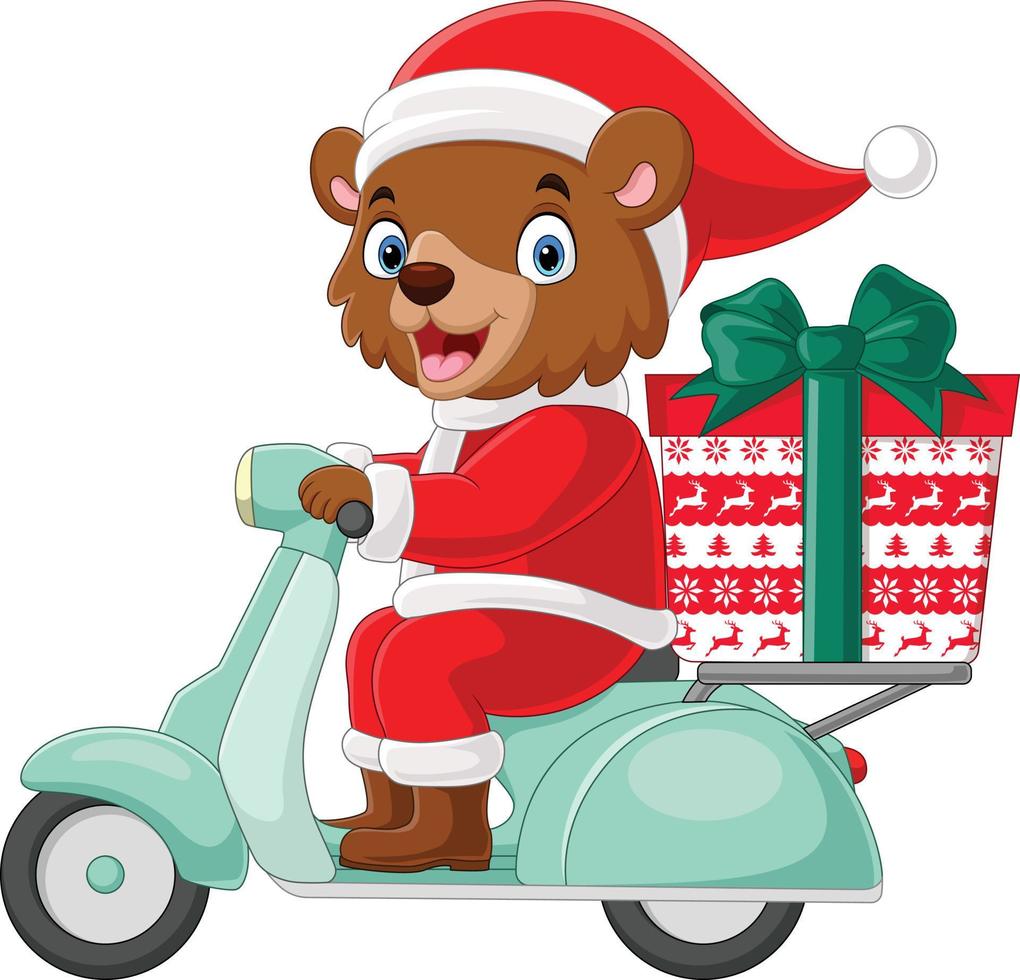 tekenfilm beer in de kerstman claus kostuum leveren cadeaus Aan een scooter vector