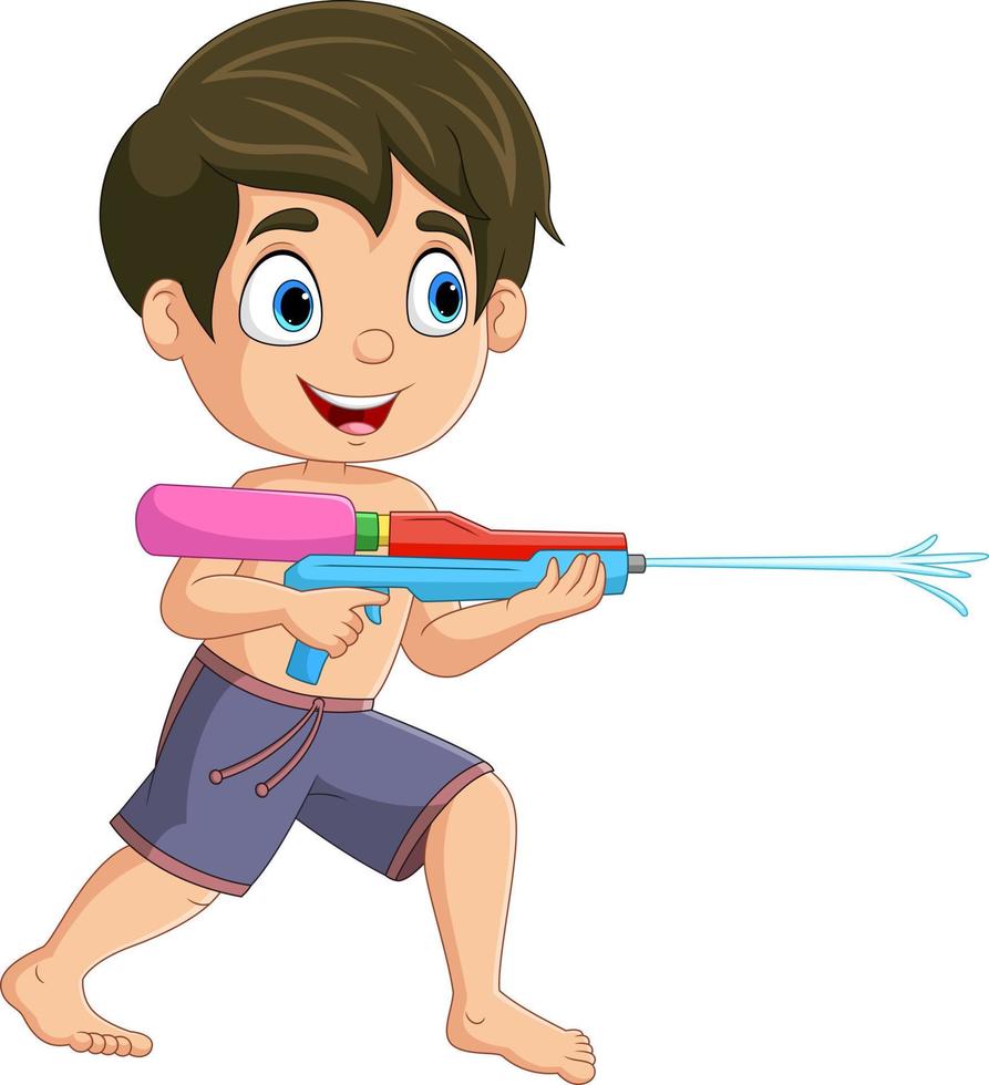 tekenfilm kleine jongen die waterpistool speelt vector
