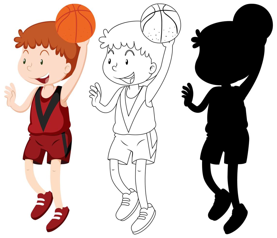 basketbalspeler in kleur, omtrek, silhouet vector