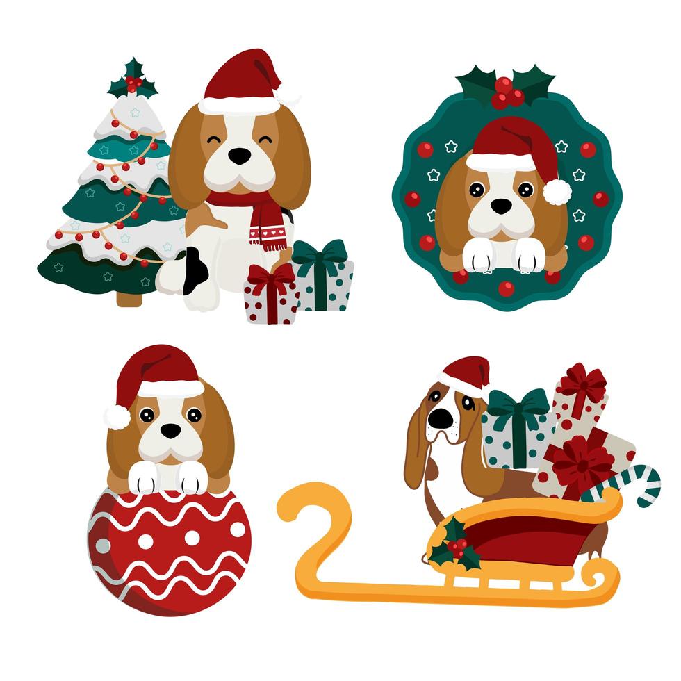beagle in kerstmuts kerst elementen vector