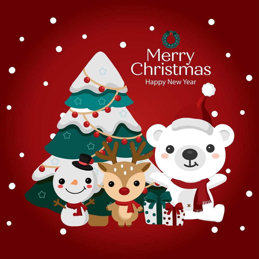 sneeuwpop, rendier en beer met kerstboom vector
