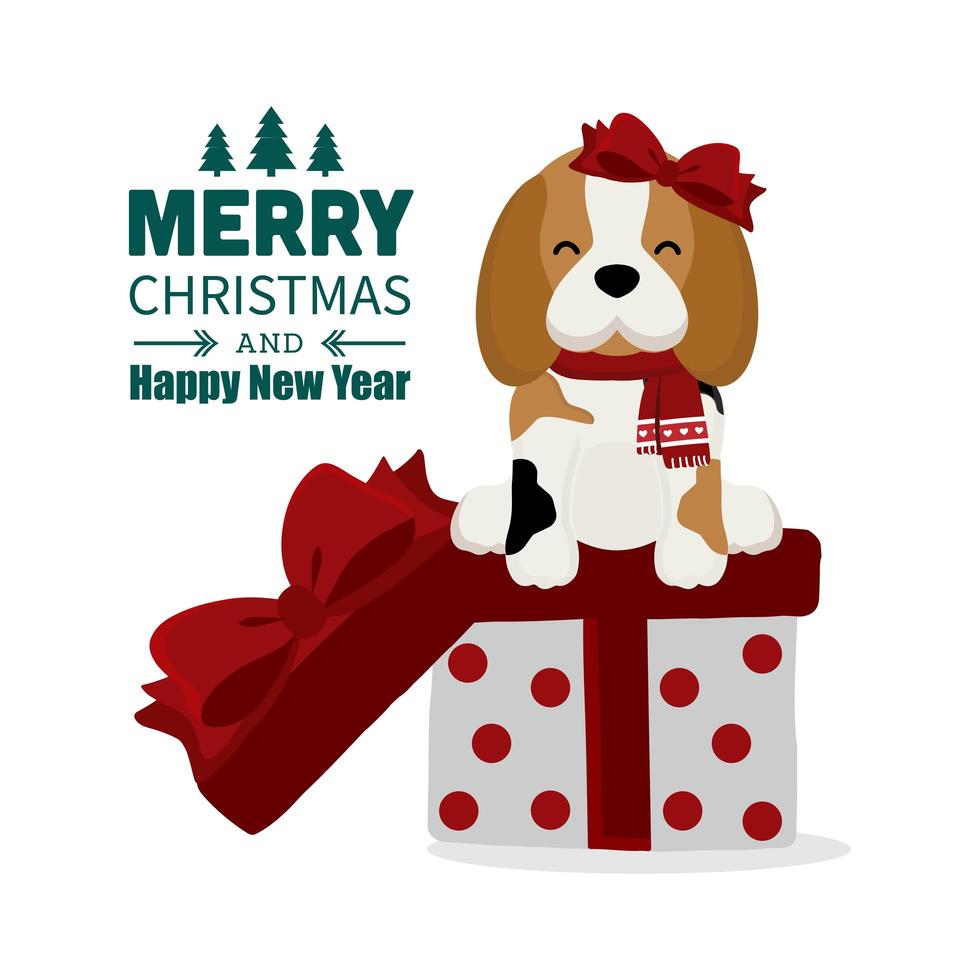 kerst beagle met strik en sjaal op geschenkdoos vector