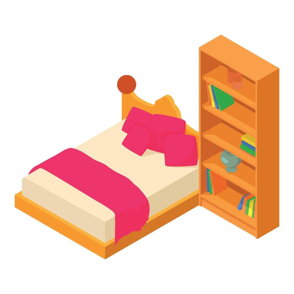 slaapkamer meubilair icoon isometrische vector. nieuw houten dubbele bed en boekenkast icoon vector