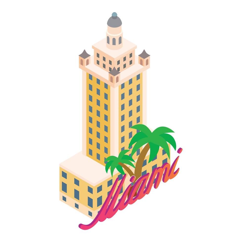 Miami stad icoon isometrische vector. vrijheid toren mijlpaal en belettering Miami vector