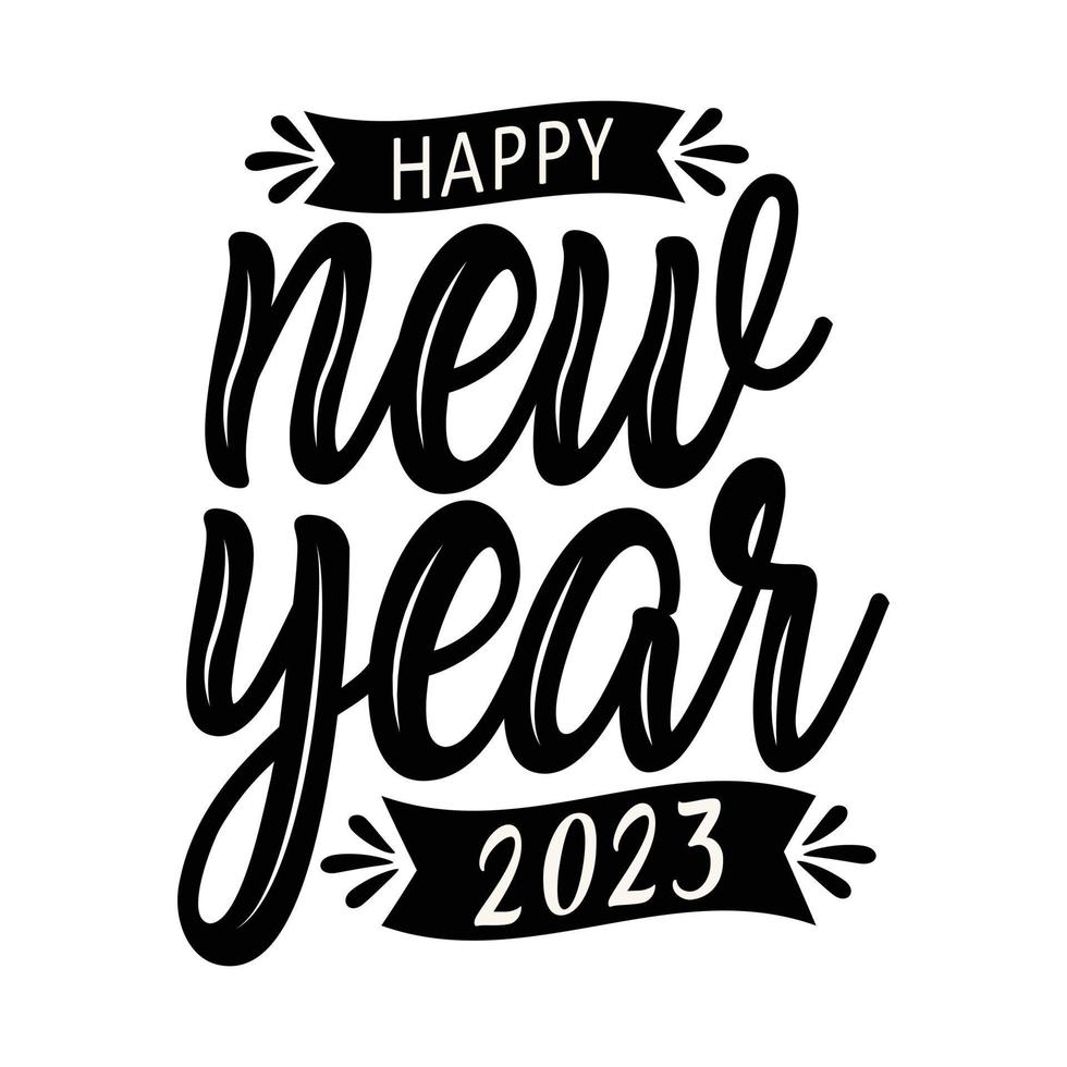 gelukkig nieuw jaar 2023 met feestelijk. belettering samenstelling met sterren en schittert. vector illustratie. donker achtergrond. vakantie decoratief elementen. felicitatie