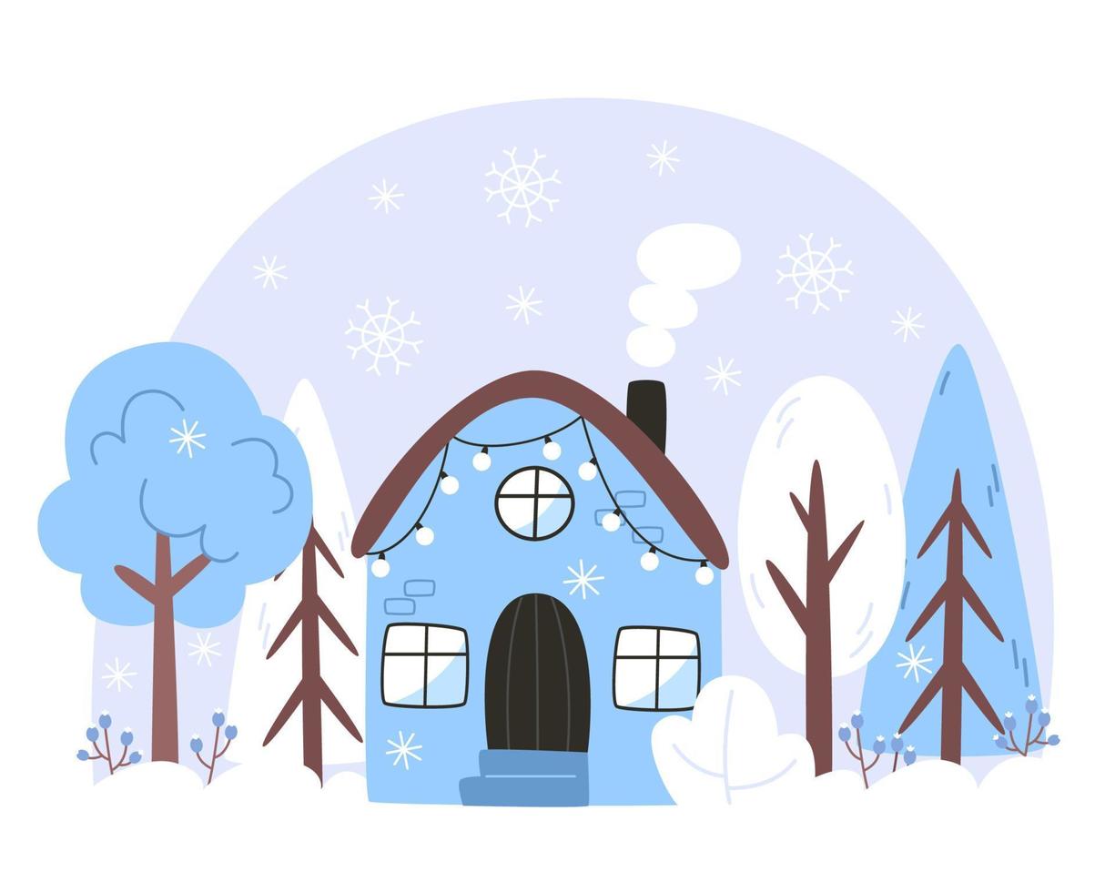 winter landschap met een huis in een besneeuwd Woud vector