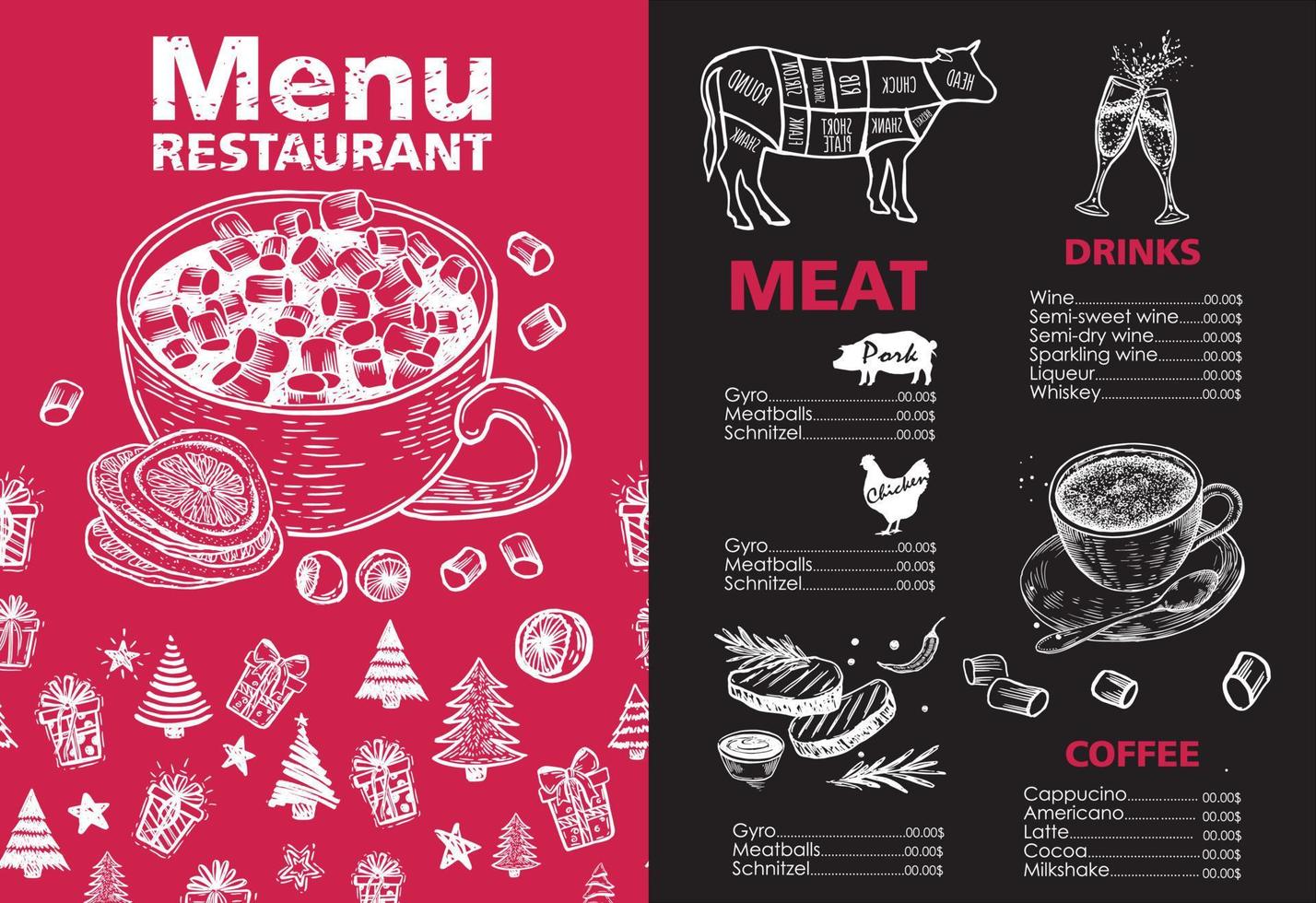 kerstmenu. vector hand getekende illustratie. ontwerp sjabloon.