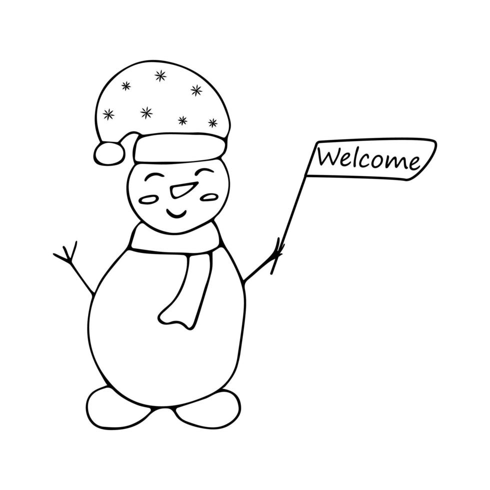 sneeuwman met een Welkom flyers Aan een wit achtergrond in de stijl van een tekening vector
