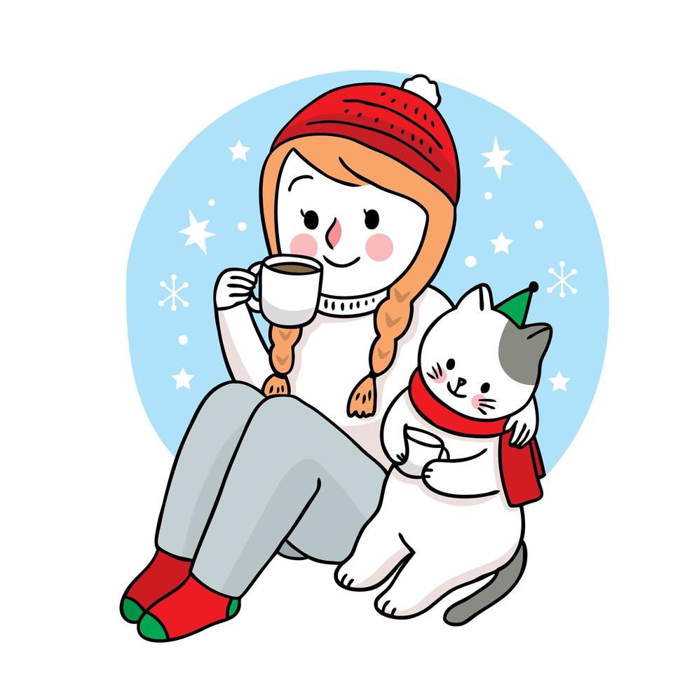 hand getrokken kerst vrouw en kat koffie drinken vector