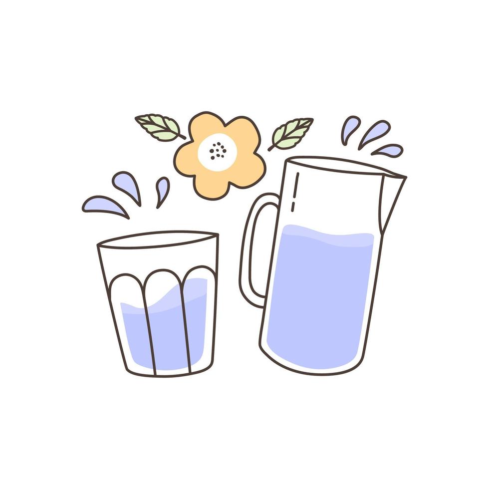 schattig illustratie met karaf en glas. water spatten, bloemen en bladeren versieren de illustratie. vector