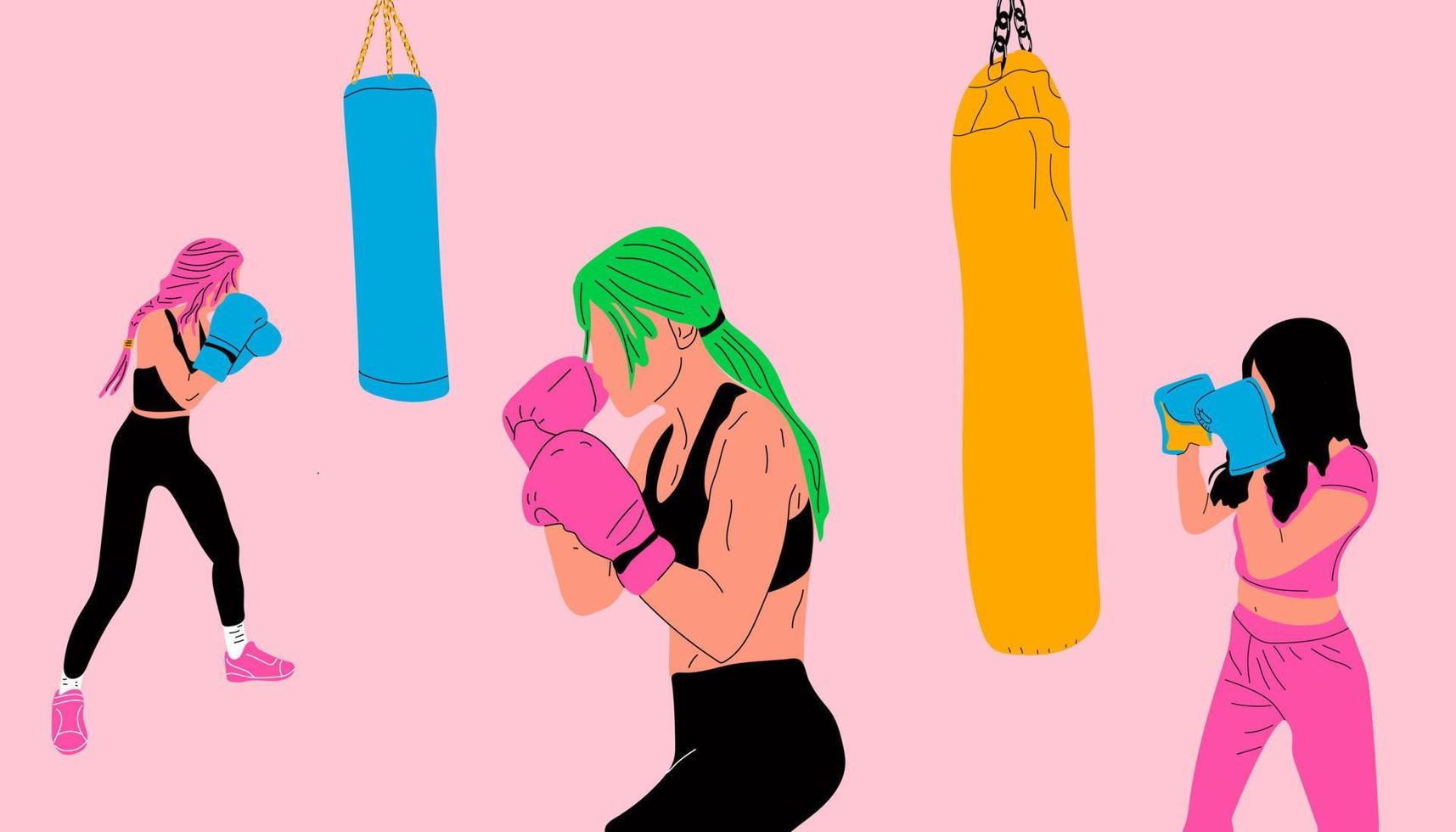 reeks van drie vrouw in boksen handschoenen poseren Bij ponsen zak in sportkleding. meisje macht concept. tekenfilm vector illustratie