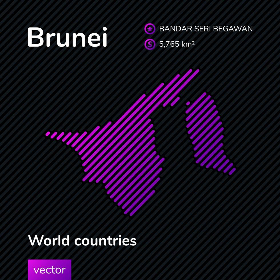 gestileerde vector kaart van Brunei in roze en paars kleuren Aan de gestreept zwart achtergrond in vlak stijl. leerzaam banier, poster over Brunei