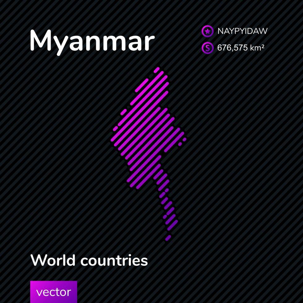 vector vlak kaart van Myanmar met paars, Purper, roze gestreept structuur Aan zwart achtergrond. leerzaam banier, poster over Myanmar