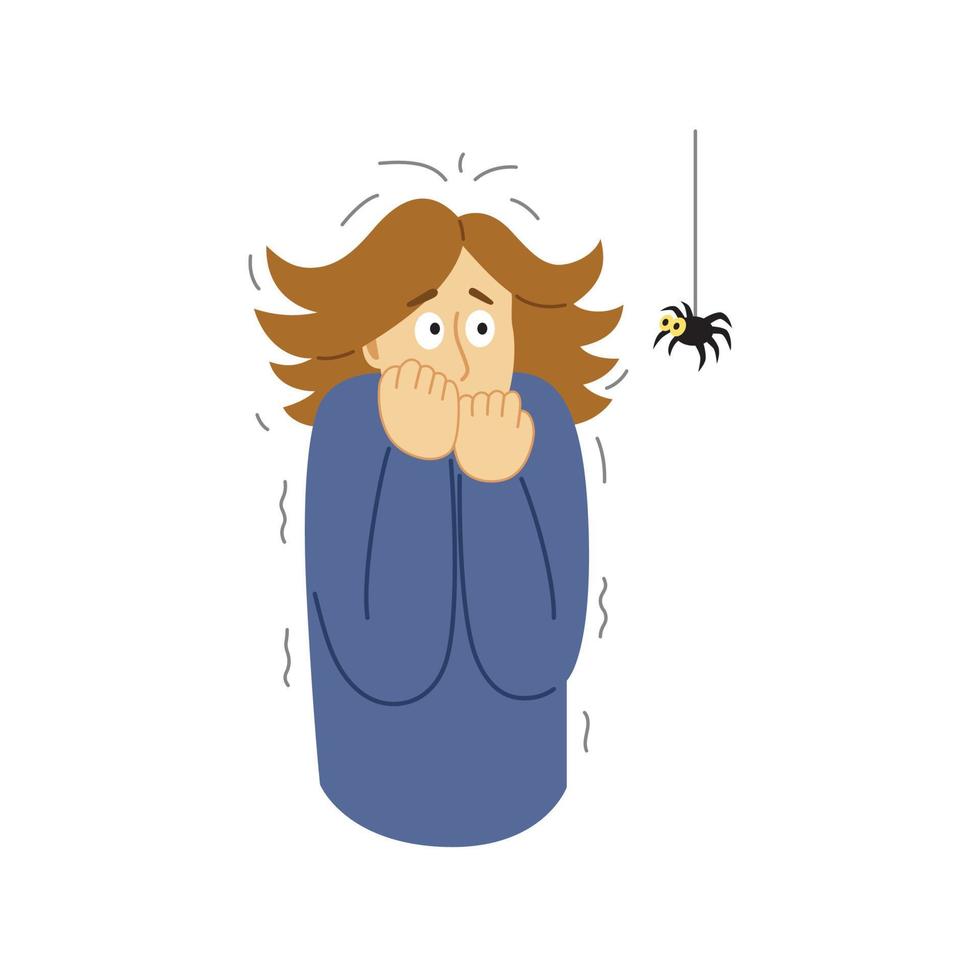 vrouw bang door spin, meisje lijden van arachnofobie, menselijk angst concept. vector illustratie geïsoleerd Aan wit achtergrond