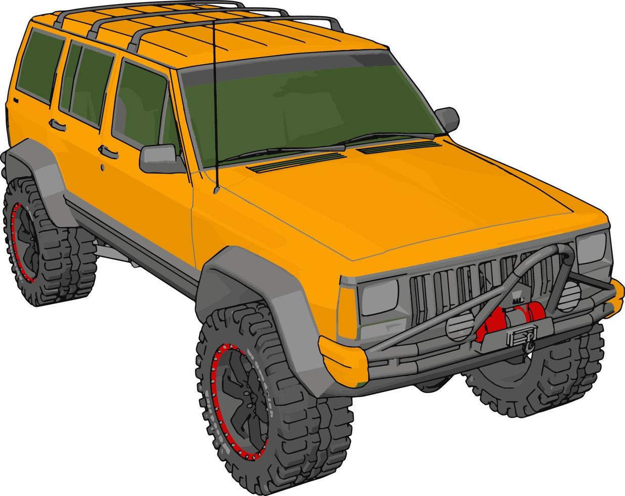 geel jeep cherokee, illustratie, vector Aan wit achtergrond.