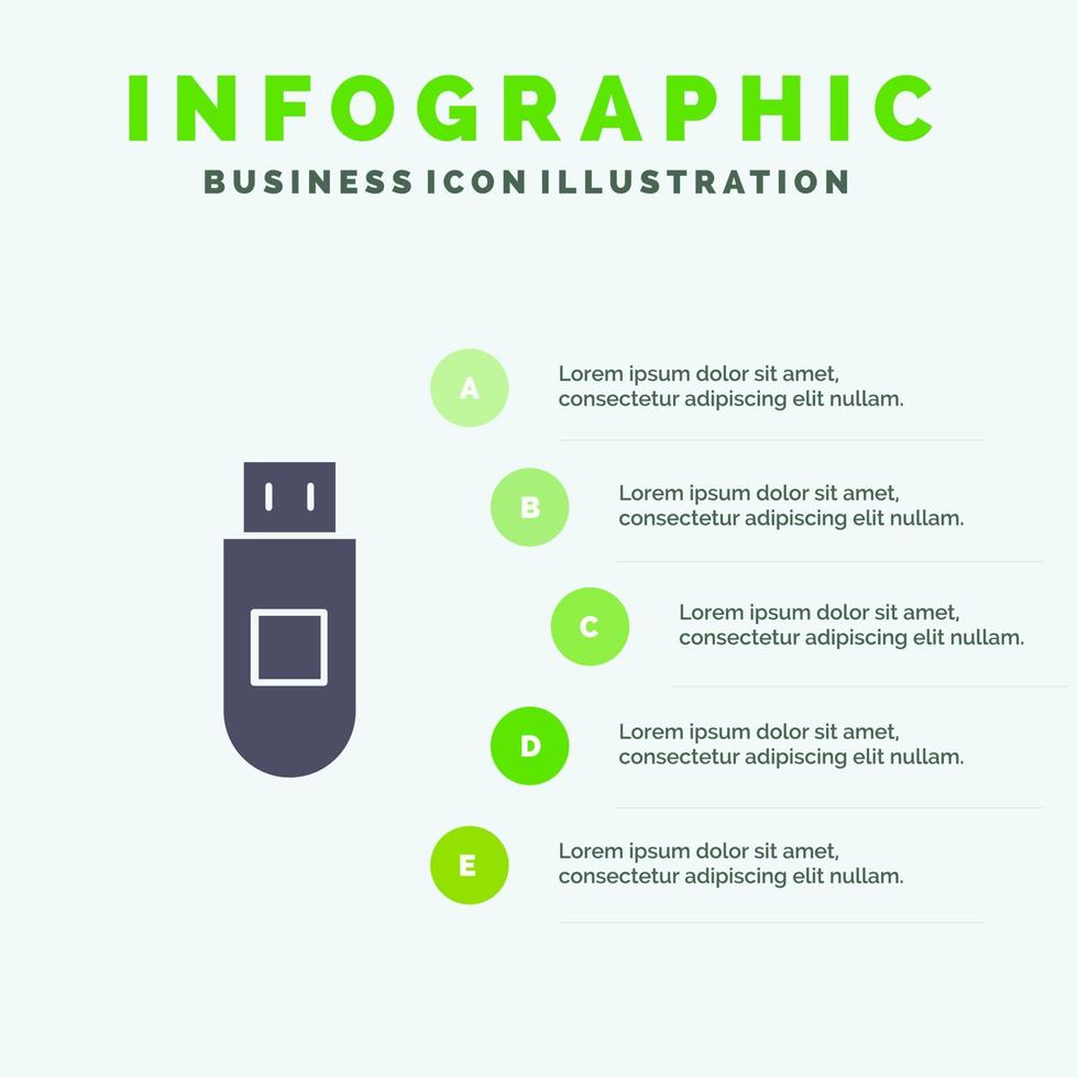USB opslagruimte gegevens solide icoon infographics 5 stappen presentatie achtergrond vector