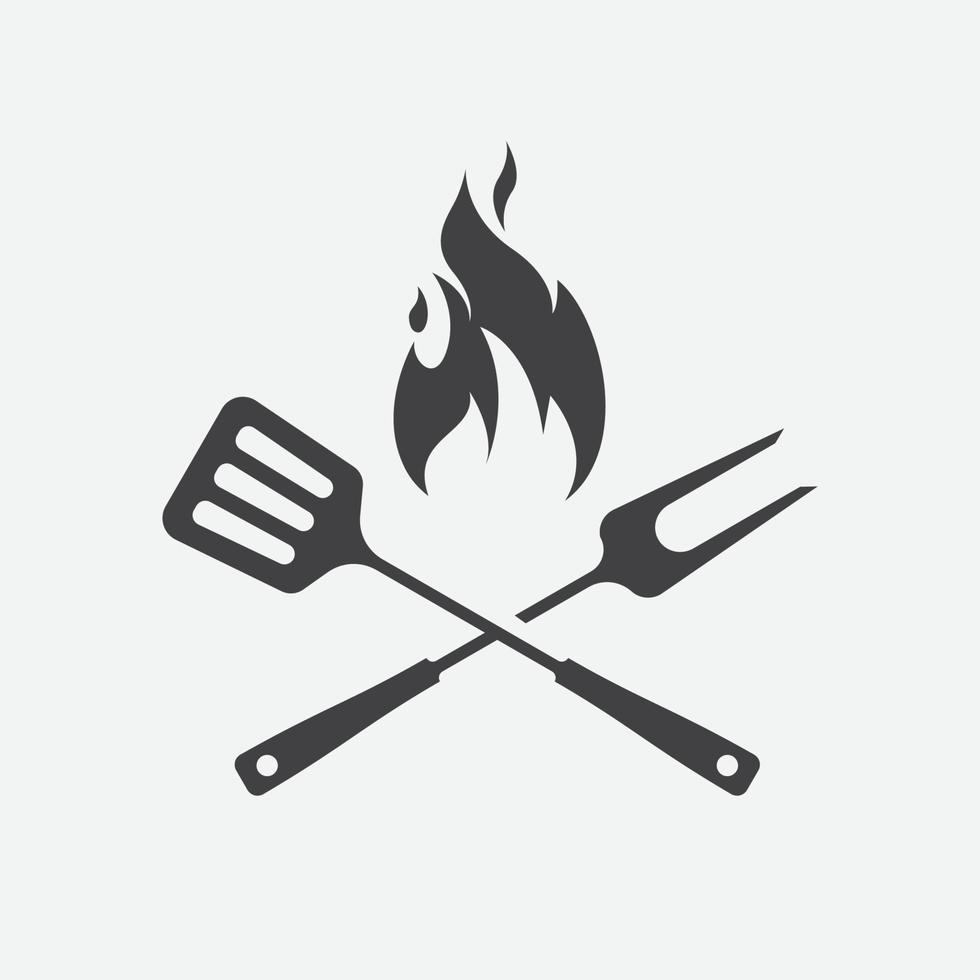 bbq met vlam icoon, rooster teken vlees en voedsel icoon, vork en spatel barbecue icoon symbool, barbecue icoon vector illustratie teken