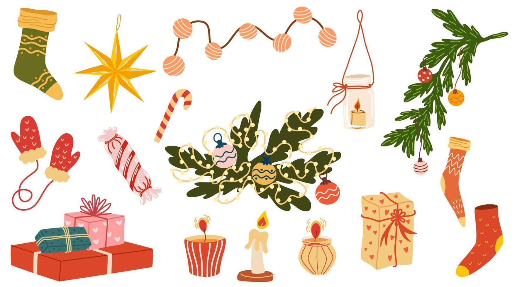 Kerstmis decoraties set. winter vakantie elementen, dingen bundel. Kerstmis ornamenten, decor, Spar lauwerkrans, feestelijk boom, geschenk doos, kaarsen en sokken. vector hand- trek illustraties geïsoleerd