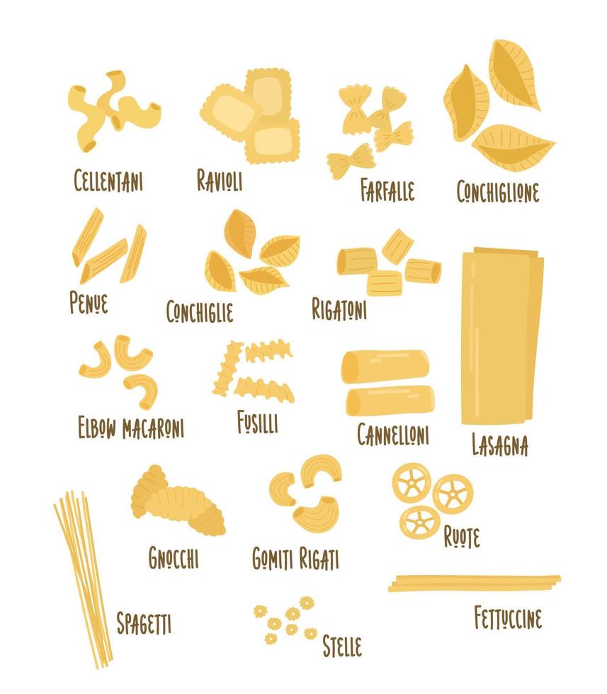 getrokken reeks van types van pasta. illustratie Italiaans pasta. vector