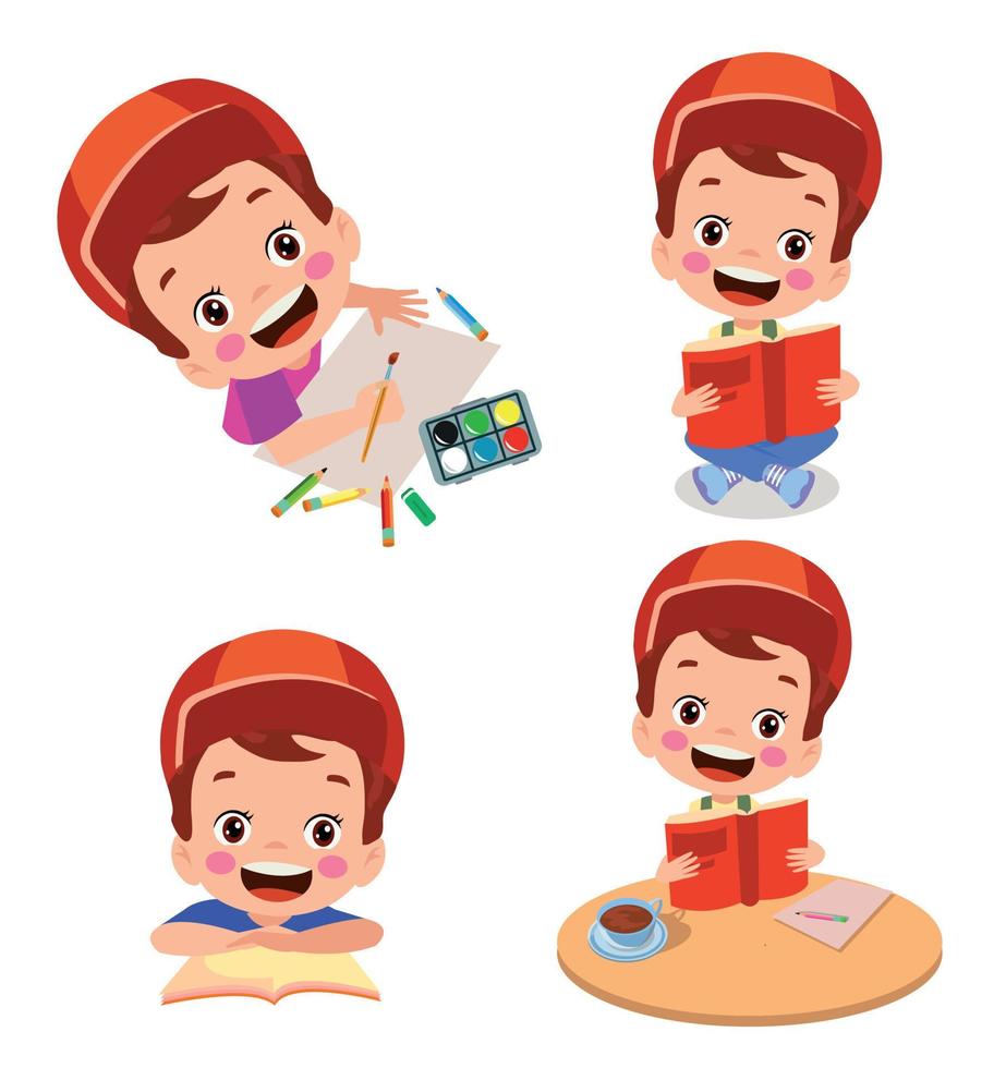 schattig weinig hardwerkend jongen lezing een boek en tekening een afbeelding vector