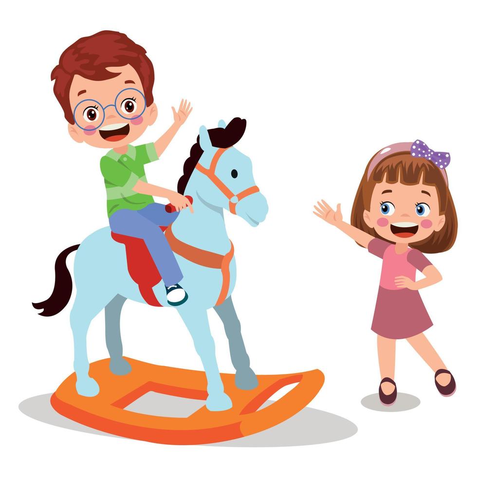 gelukkig jongen swinging Aan speelgoed- paard vector