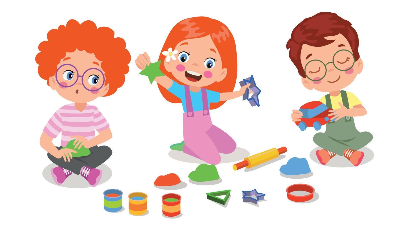 weinig kinderen en vriend Speel met speelgoed- klei plasticine vector