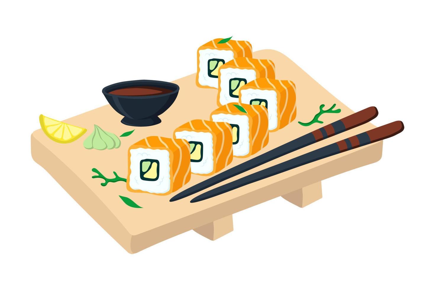 sushi reeks met Zalm Aan een houten bord. vector illustratie