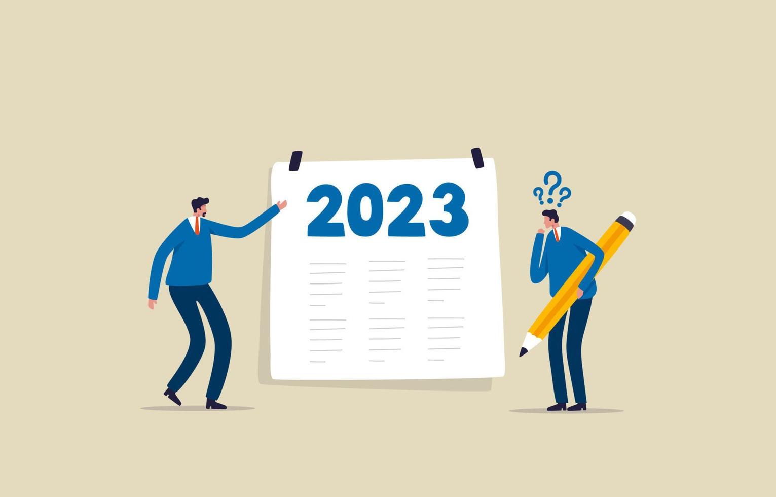 nieuw jaar bedrijf planning. doel voor 2023. zakenman Holding een potlood voor schrijven een bedrijf plan. illustratie vector