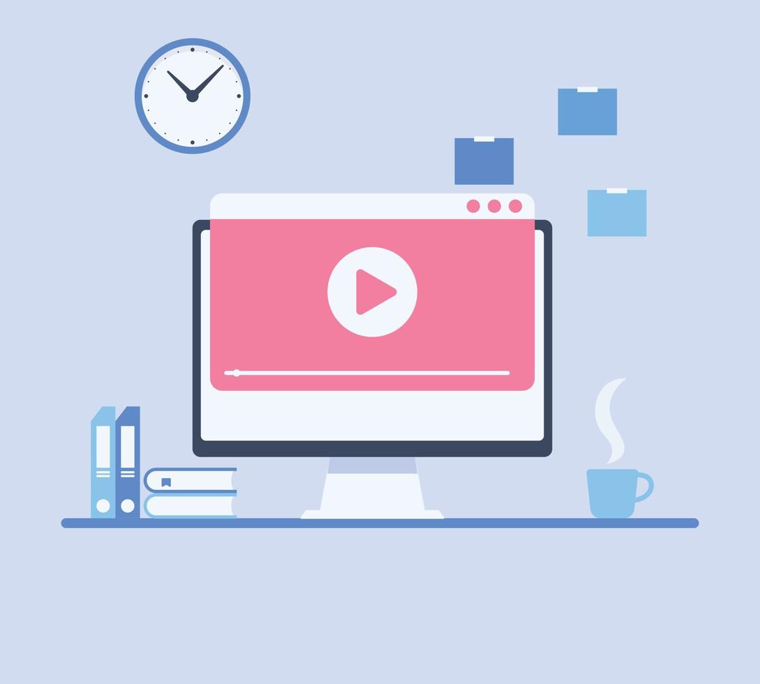 modern werkplaats en werken Aan computer met video speler Aan scherm. online video, kijk maar films, leerzaam materialen, web cursussen concepten. vlak illustratie vector