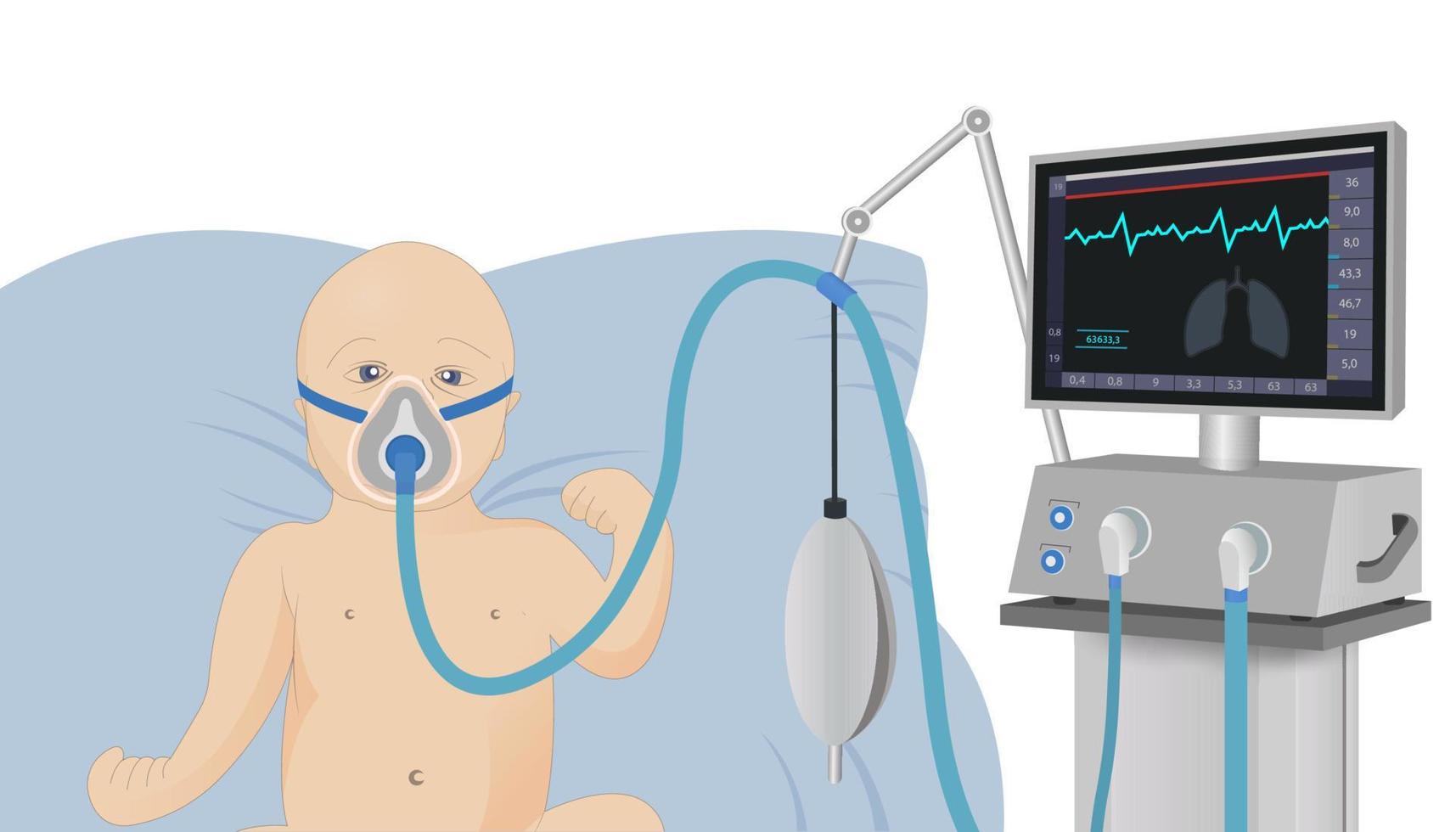 een klein kind leugens in een ziekenhuis bed met een zuurstof masker Aan een ventilator in kritiek voorwaarde. noodgeval medisch zorg. reanimatie van patiënten. vector