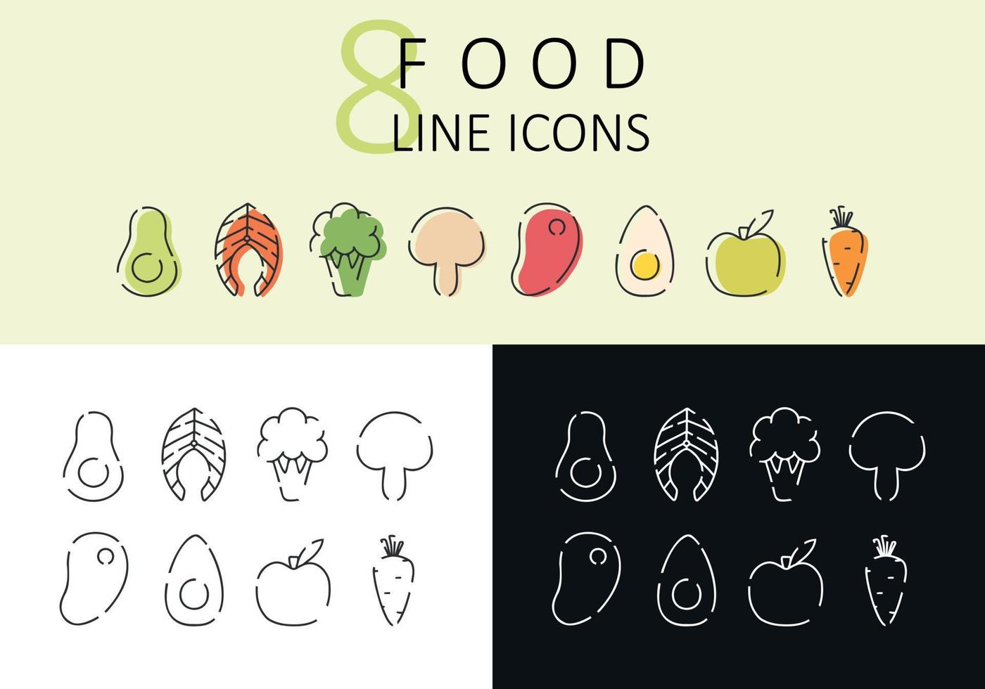 reeks van lineair pictogrammen van gezond voedsel. modern pictogrammen van gepast voeding. vector illustratie. verzameling van lineair avocado, Zalm, steak, appel, ei, wortel.
