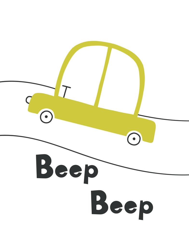 kinderen poster met een auto. schattig poster voor een kinderen kamer met een auto en een weg. vector illustratie. tekening stijl. Scandinavisch stijl.