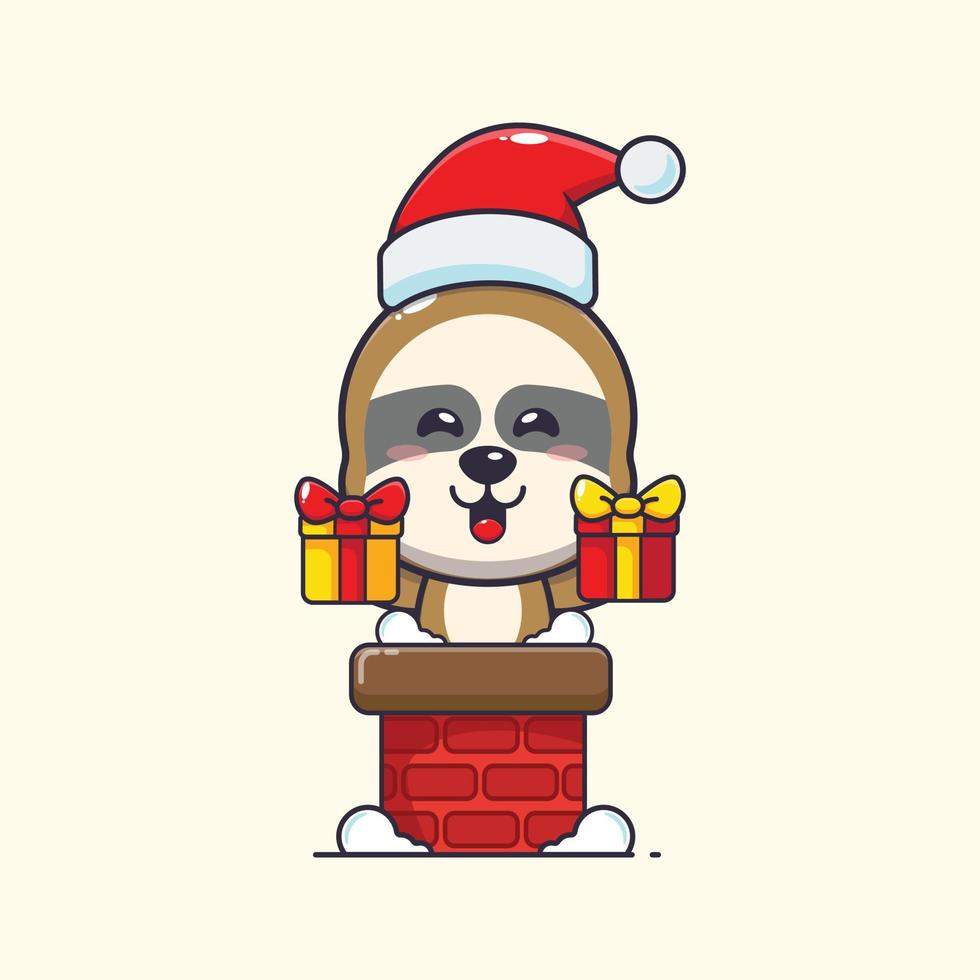 schattig luiaard met de kerstman hoed in de schoorsteen. schattig Kerstmis tekenfilm illustratie. vector