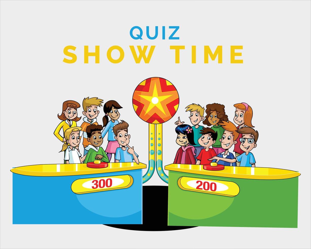 TV quiz tonen met deelnemers wie antwoord vragen en tekenfilm illustratie pro vector illustratie