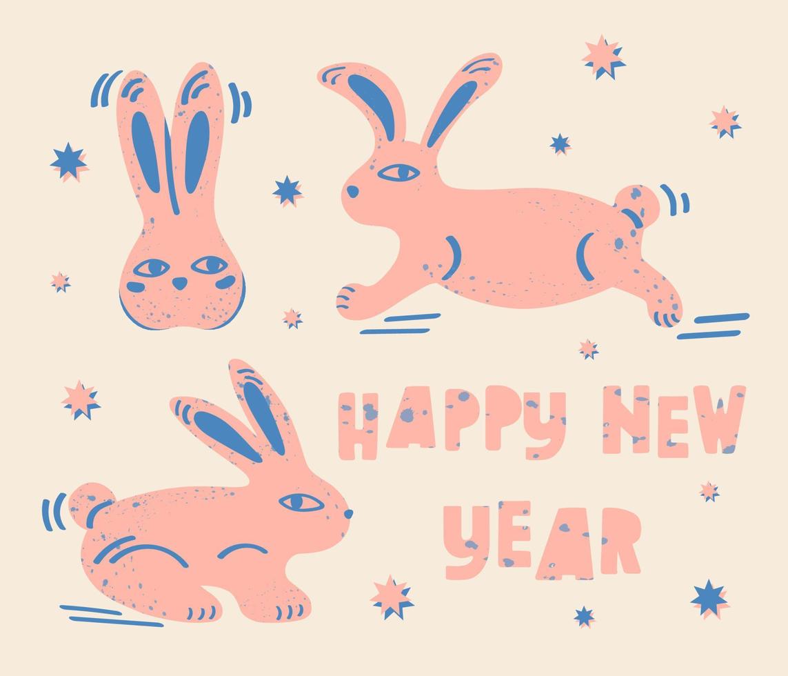 nieuw jaar 2023 illustratie met kleurrijk pastel konijnen en tekst. modieus vector afdrukken ontwerp, dier belettering typografie poster.